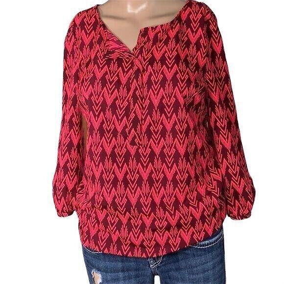 Merona Womens Blouse Top Shirt Silky Geometric Print Pullover Red Orange XS - Picture 1 of 7